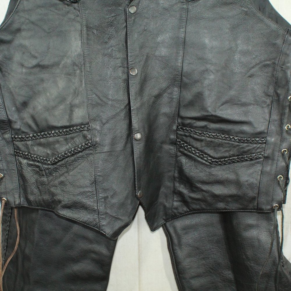 Hot Leathers Black Leather Snaps Soft Lining Braided Trim Biker Vest XXL - Picture 3 of 7